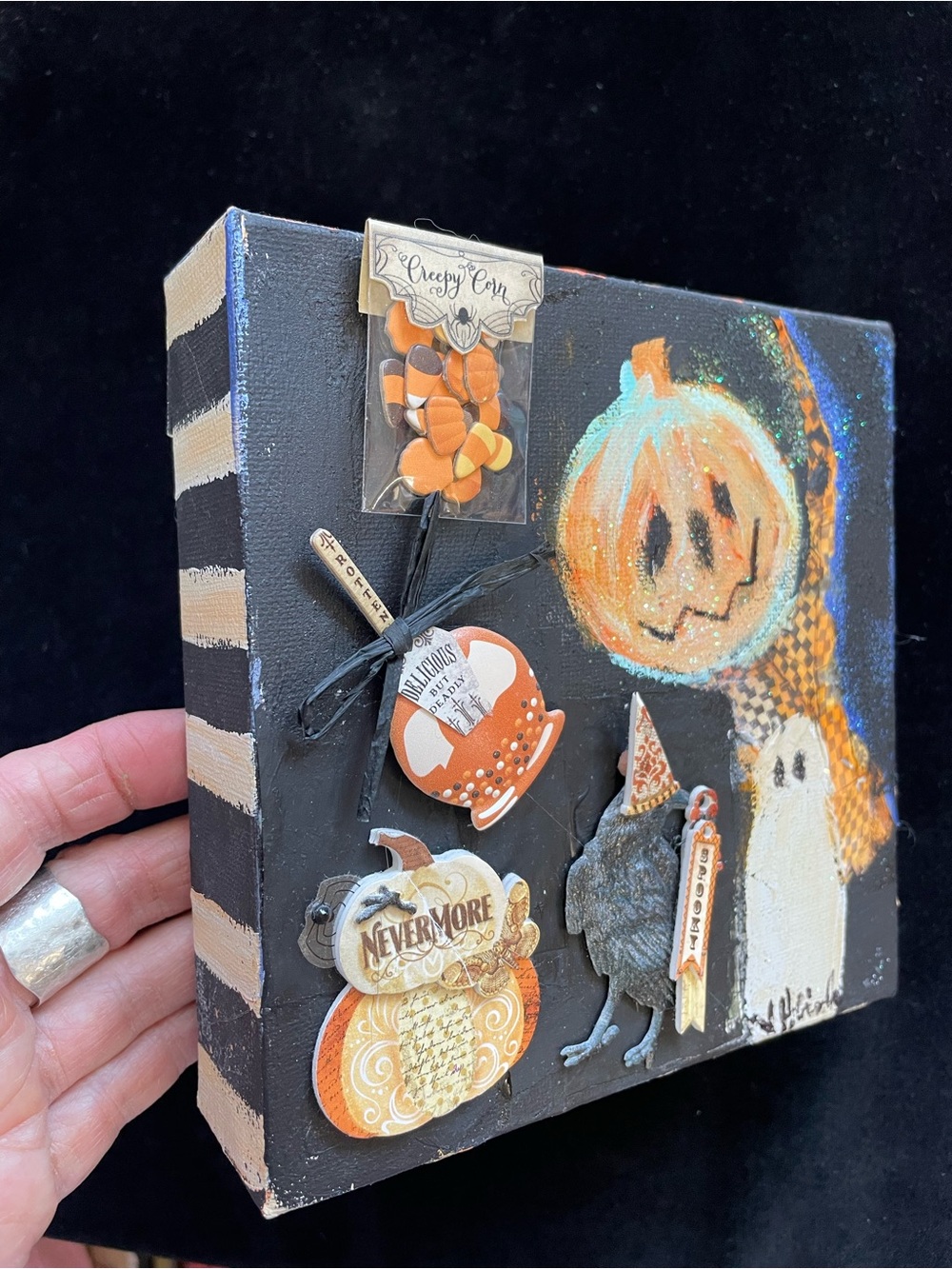 Halloween Handmade Collage Original Acrylic &Spooky Painting  6”x 6”1.5” Canvas